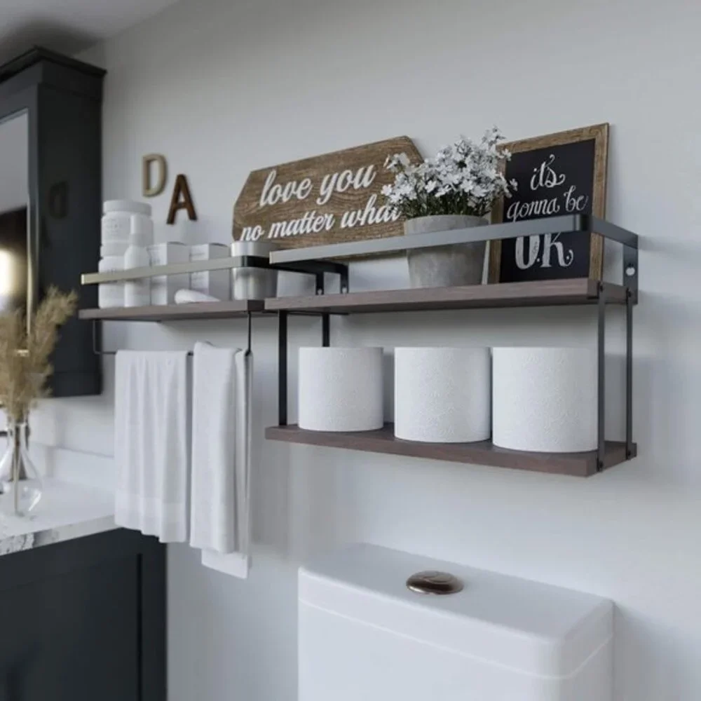 HOUSE‎ 2+1 Tier Wall Mounted Floating Shelves Set of 2, Rustic Wood Shelf